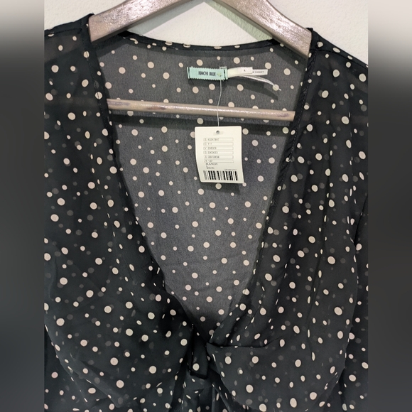 KIMCHI BLUE Tie Front Crop Polka Dots Black White Top Blouse Size L Sheer Kimono - Picture 4 of 11